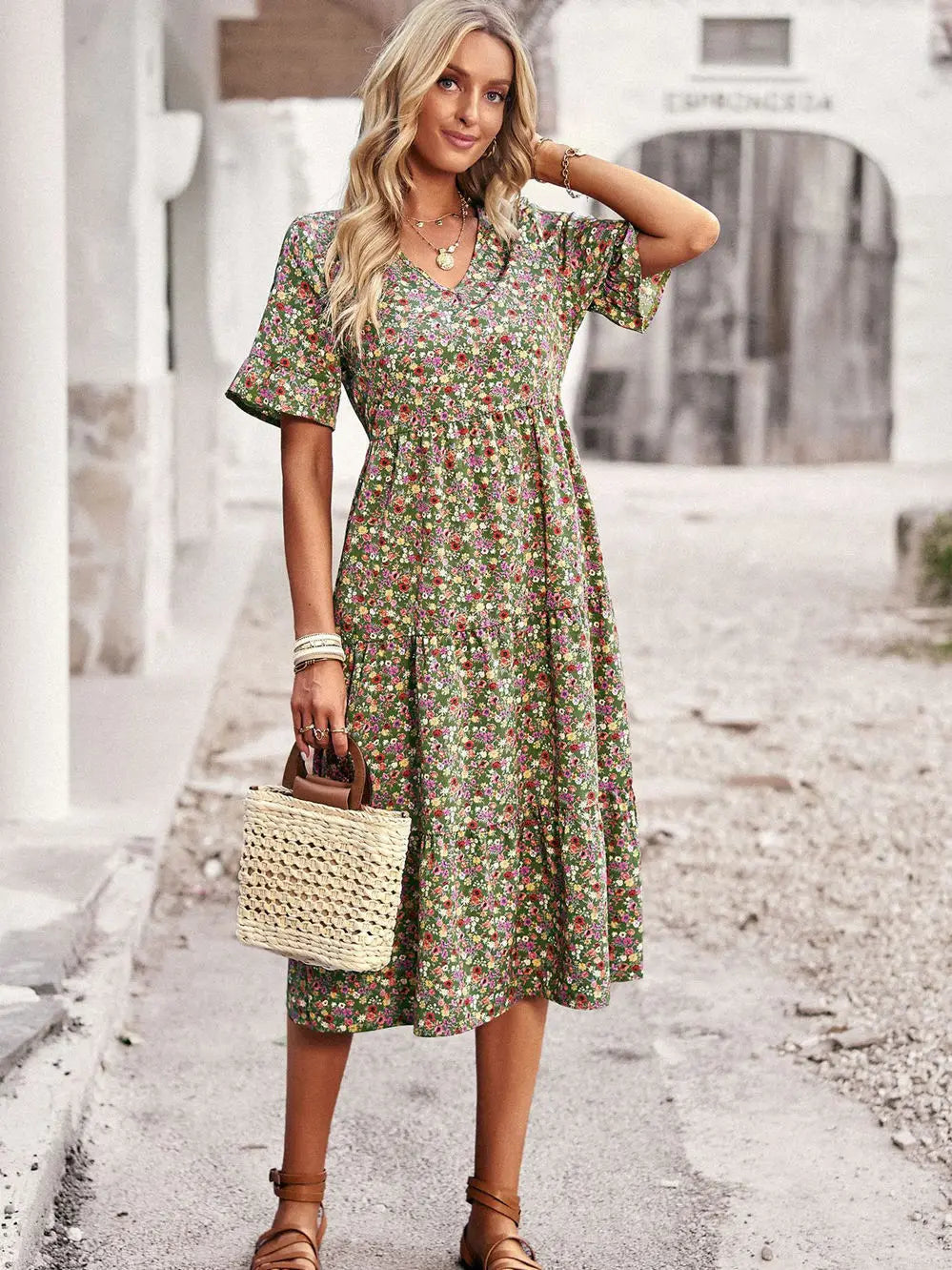 Msfilia Fashion V Neck Elegant Printed Dress Women Summer Short Sleeve High Waist A Line Floral Holiday Dresses