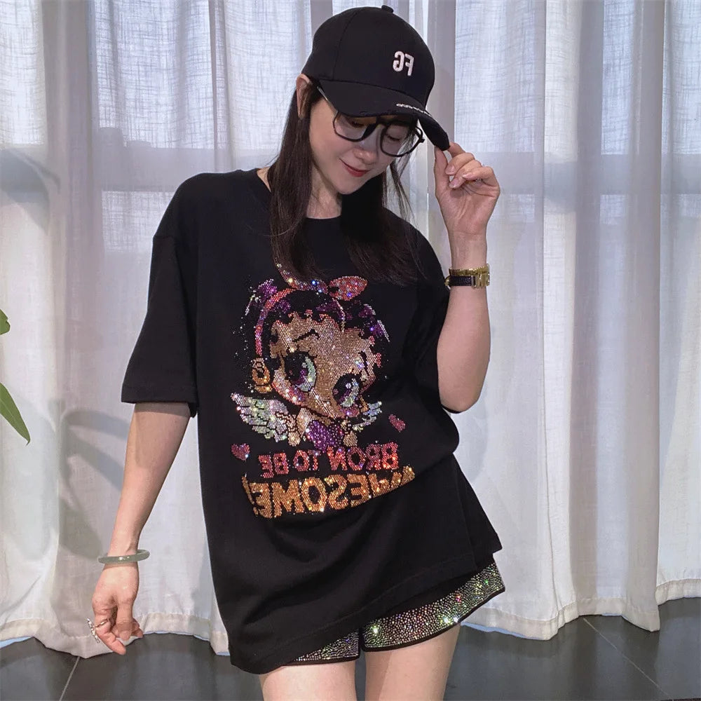 Plus Size Cartoon Girl Pattern Diamonds Short Sleeve Tees for Women Summer Clothing Thin Casual Loose O Neck T Shirt Knitwear