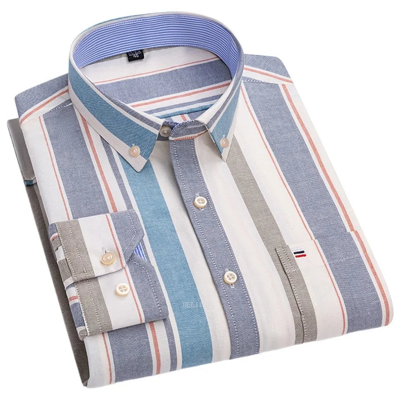 Men's 100% Cotton Smart Casual Shirt Long Sleeve Plaid Oxford Casual Solid Color Print Regular Fit Dress Shirt Oversized  6XL