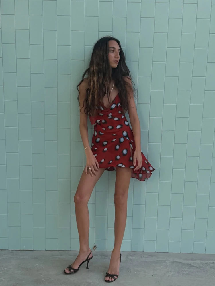 Red Polka Dot Print Draped Neckline Mini Dresses Women's Waist Cinching Split Short Sling Dress 2026 New Chic Party holiday Robe