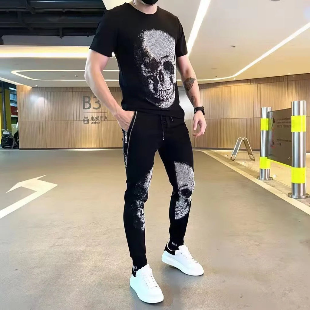 2025 Summer New Luxury Men's Fashion Skull Design Rhinestones T-Shirt Pure Cotton Crew-Neck Casual High Quality