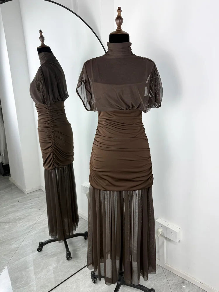 Tossy Black Mesh Fashion Maxi Dress For Women Sleeveless See-Through Patchwork Pleated Party Dress Female Autumn Long Dress 2025