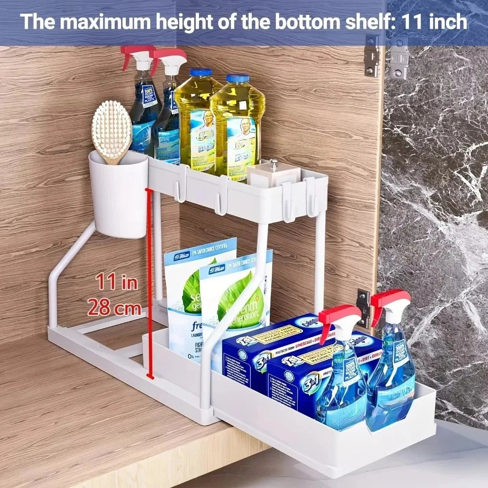 2 Tier Slide Out Under Sink Organizer with Hooks Large Capacity Space Saving Storage Rack for Kitchen Bathroom Cabinet Durable