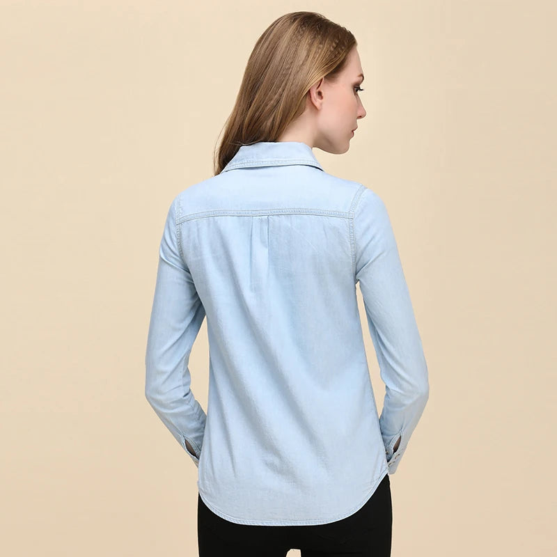 Spring 2026 New Denim Shirts And Blouse For Women Korean Style Long Sleeve Top Blue Or Sky Blue Color Jeans Elegant Blouses