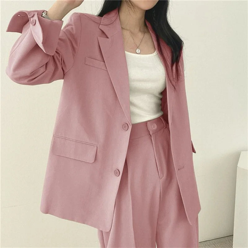 2026 Female Solid Color Blazer 2PCS Autumn Women Lapel Tops High Waist Outfit Korean Ladies Long Sleeves Suit Wide Leg Pants
