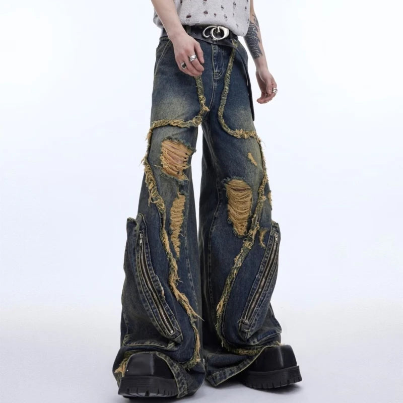 American Fashion Wornout Splicing Burr Edge Design Street Denim Pants Men 2026 New Trendy Personalized Original Male Jeans Y2K