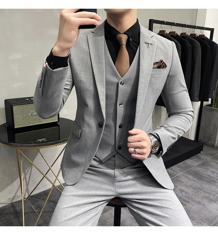 Blazer Vest Pants Men's Navy Blue Suit Set Slim Fit Blazer Vest Pants Formal Outfit for Business Wedding Office Groom Party