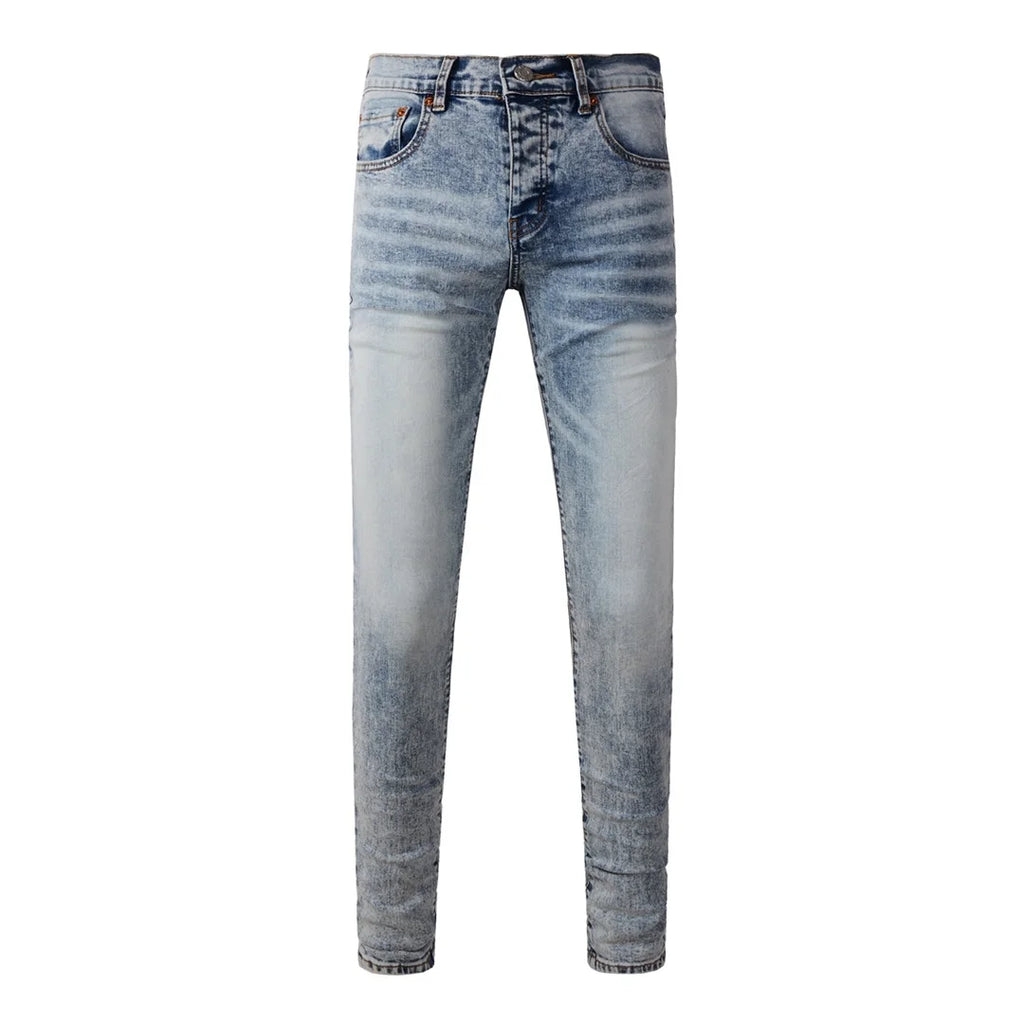 High Street American Distressed Men's Jeans Fashion Brand Coated Blank Stretch Skinny Button Fly Ripped Pants Trousers