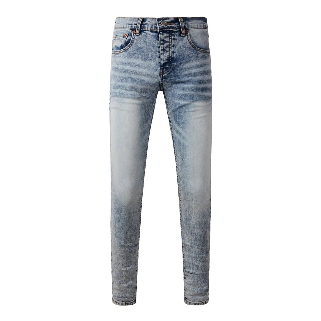 High Street American Distressed Men's Jeans Fashion Brand Coated Blank Stretch Skinny Button Fly Ripped Pants Trousers