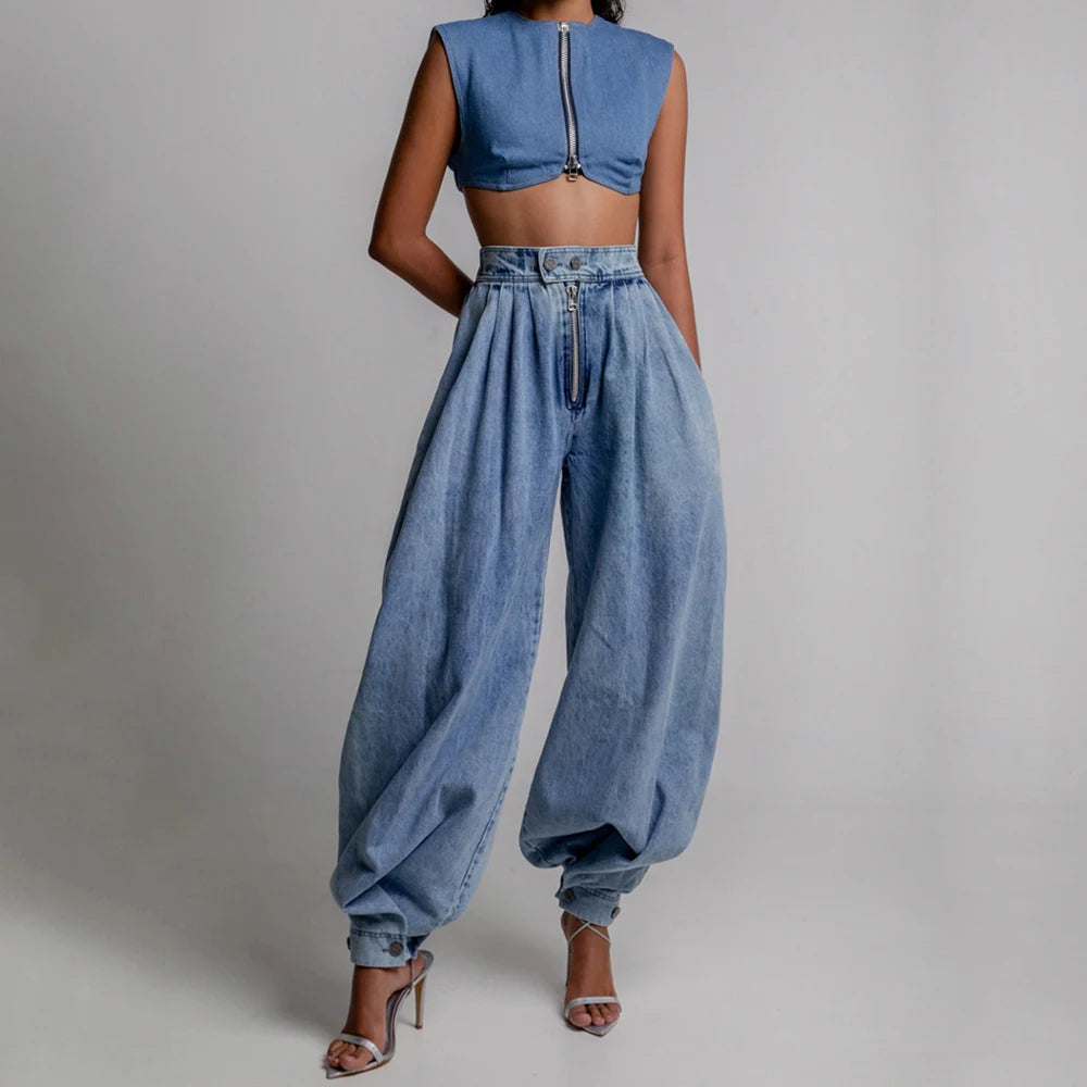 Women's Casual Washed Denim Harem Pants High Waist Zipper Loose Trousers Streetwear Y2K Oversized Vintage Balloon Pants Jeans
