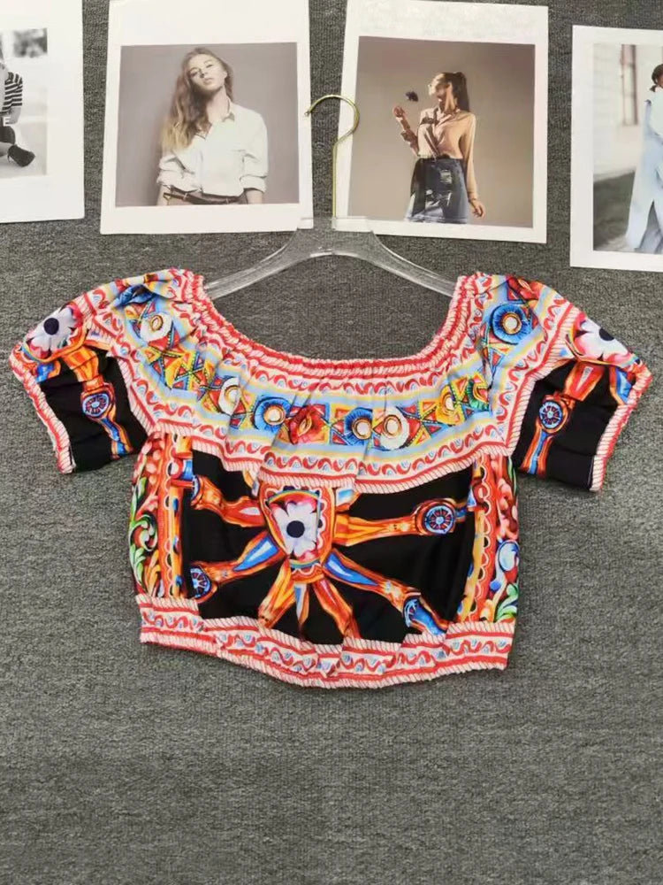 Retro geometric print sexy one neck short pullover two-piece set for 2026 summer women's clothing+elastic waist loose skirt set