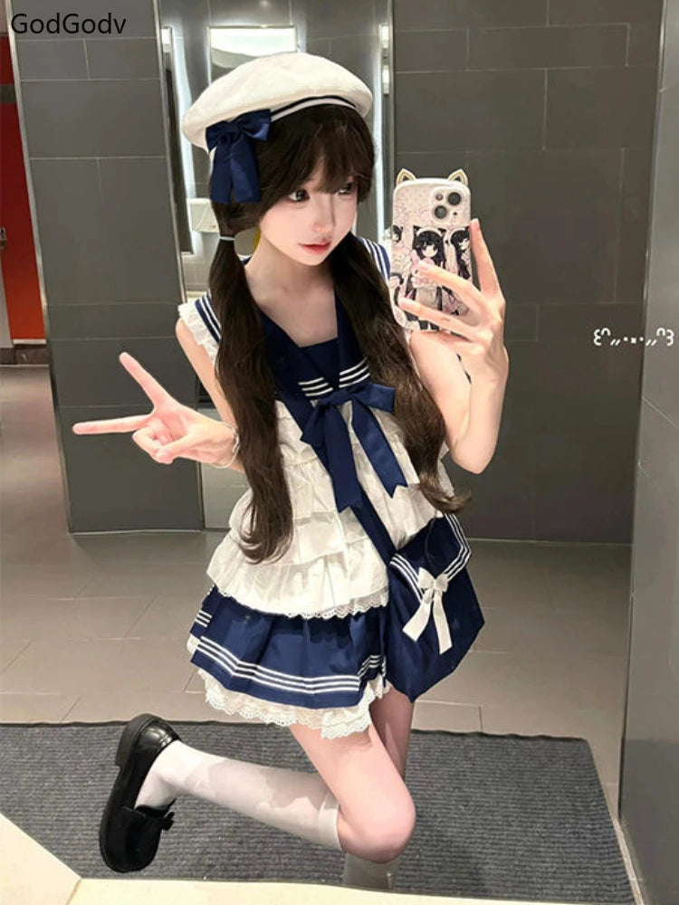 2025 Spring Preppy Style Sweet Elegant 2 Piece Sets Women Sailor Collar Y2k Design Mini Skirt Suits Female Bow Lace Chic Outfits