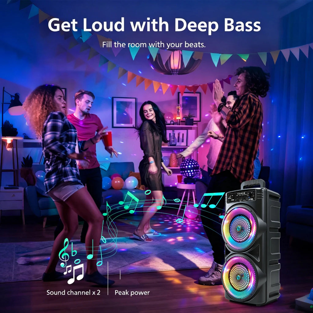 Portable  Bluetooth Party Speaker, Dual 6.5 Inch Big Subwoofer, Colorful RGB LED Light Effects, Wired Microphone, Bluetoo