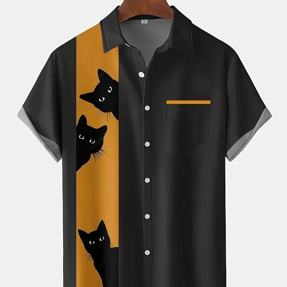 Cat Cartoon Print Shirt] Plus Size 3D Digital Print Cartoon Fun Men's Short Sleeve Button Shirt Fashion Hawaiian Vacation Shirt