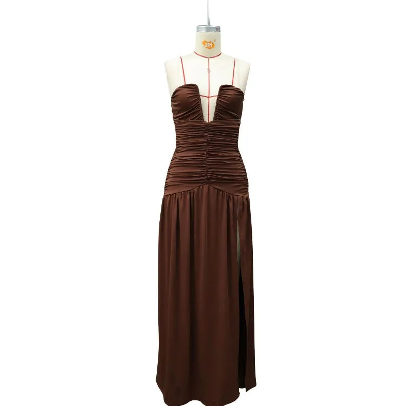 Solid Color Sexy Strapless High Slit Pleated Slim Fit Dress for Birthday Party Dinner Party Graduation Party Dress