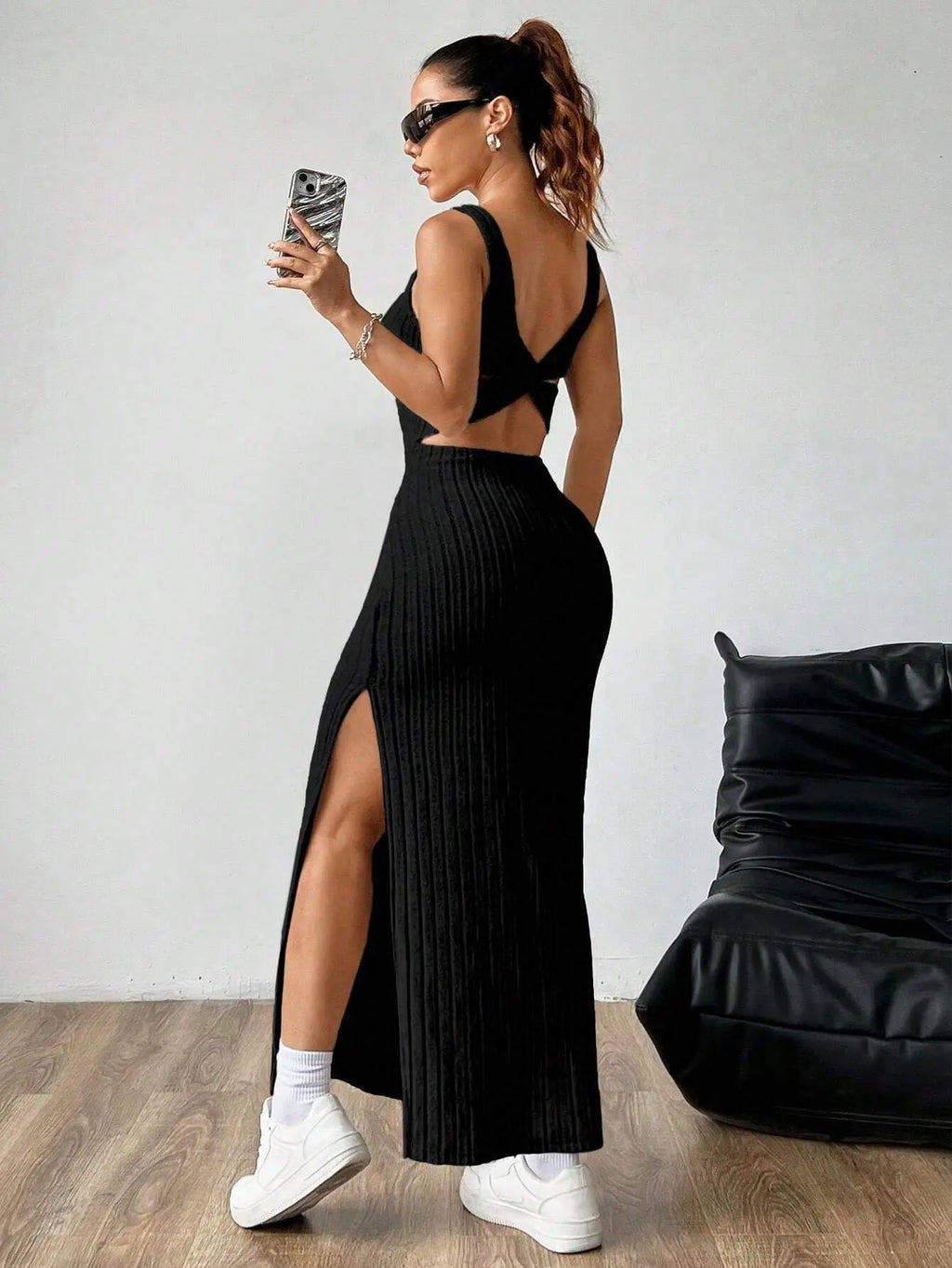 Y2K Street Style Sleeveless Square Neck Ribbed Maxi Dress Thin Strap High Side Slit Bodycon Long Skirt