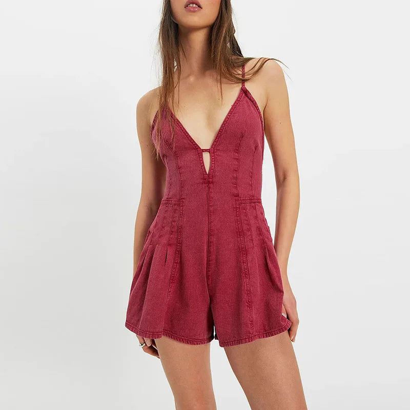 Backless Lace Up Women's Party Jumpsuit High Waist Shorts Vacation Desert Playsuit Retro Sleeveless Camisole Romper 2025 Summer