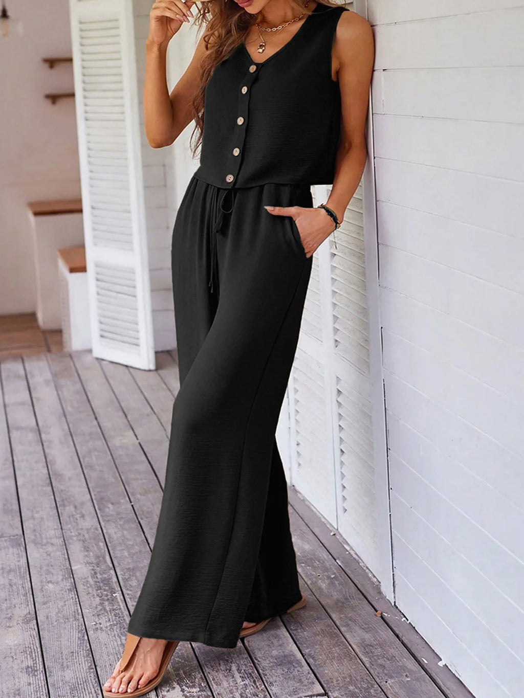 Fashion Single Breasted Vest Women's Trousers 2-piece Set Summer Elegant Casual Loose Wide-leg Pants Pocket Female Office Suit