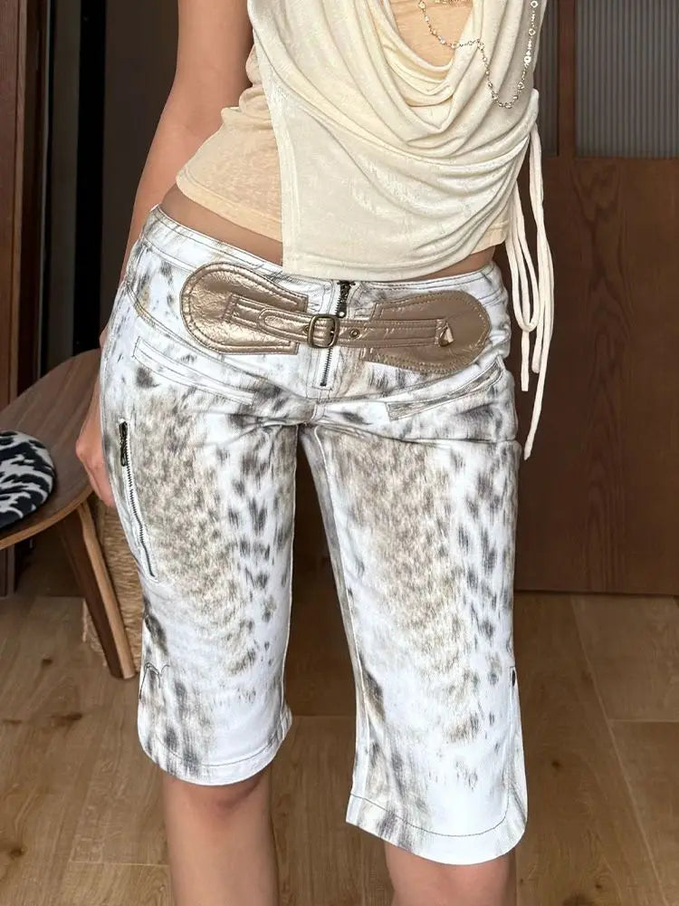 American Style Tie Dye Denim Woman Capris Cargo Shorts with Zipper Pockets Y2K Aesthetic Casual Streetwear Summer Jeans Woman