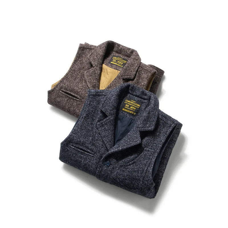 Good Quality Winter Fashion Men's Retro British Tweed Wool Vest Thick Double-Layer Multi-Pocket Suit-Collar Vest Warmth Top Male