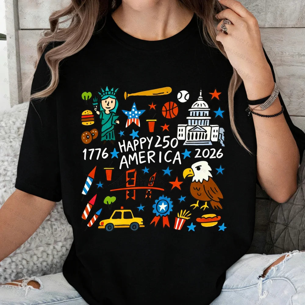 Happy 250 America T-shirt 250 Years Celebration Shirt 1776-2026 USA 250th Anniversary Outfit America 2026 Tee Doodle Patriotic