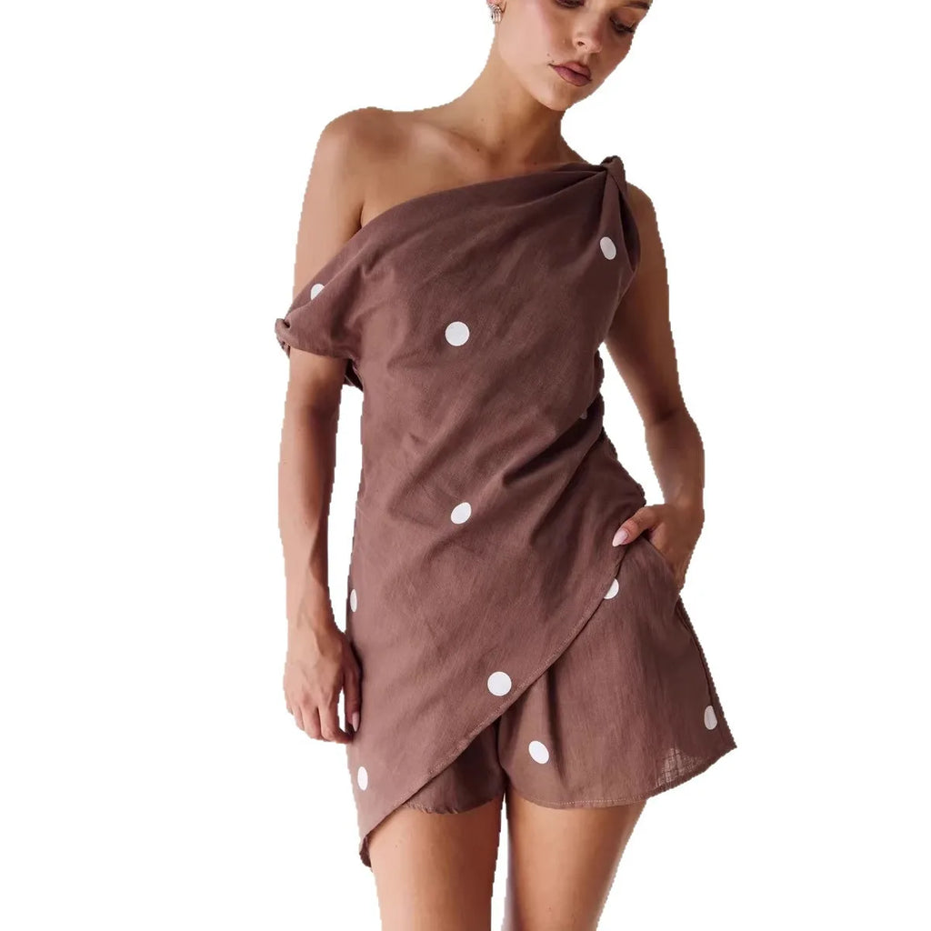 Boho Holiday Suit Outfit Asymmetric One Shoulder Wrap Tunic High Waist Printed Shorts With Side Pockets Women Beach Casual Suit