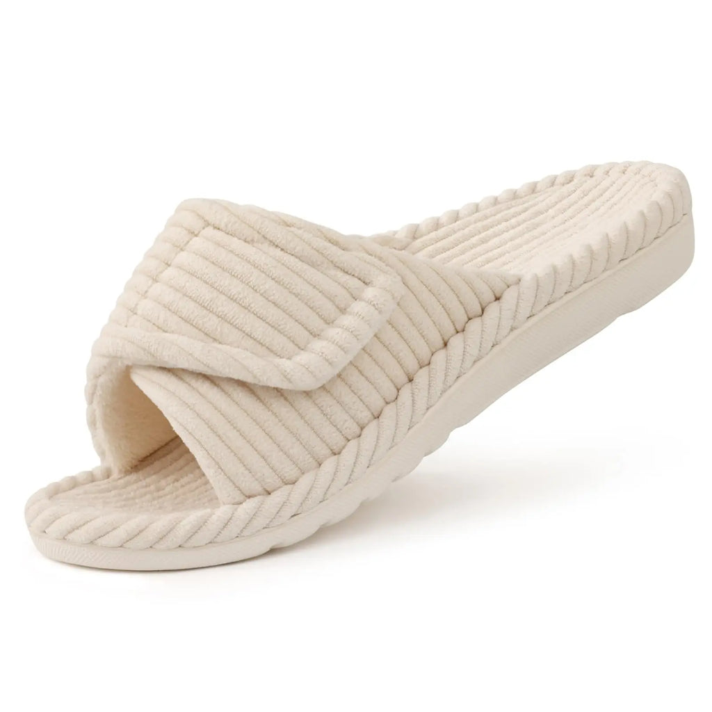 Litfun Open Toe House Slippers For Women New Corduroy Indoor Flat Slides With Adjustable Strap Four Season Lady Orthopedic Shoes