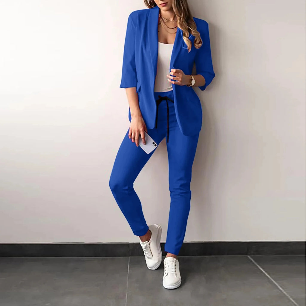 2026 Women Two Piece Pant Suit Set Outfits Spring Autumn Turn Down Print Blazer Coat Drawstring Pants Suit Women Casual Sets