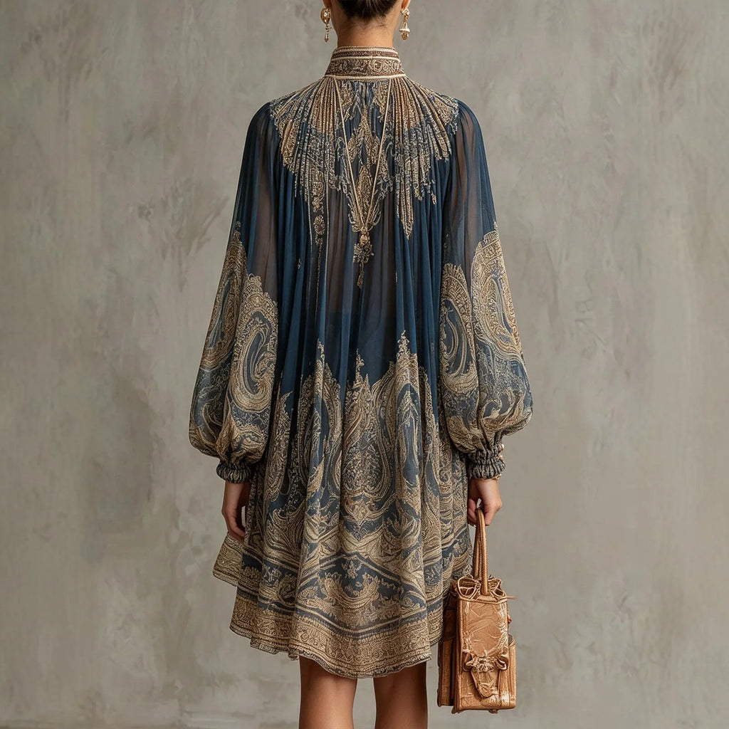 2026 New European and American Turtleneck Printed Chiffon Dress Loose Vacation Style Shawl Long-Sleeved Women's Dress