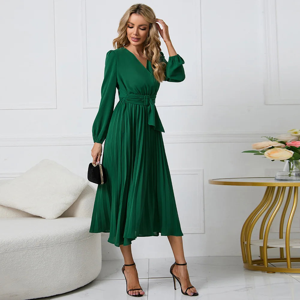 Elegant Women's Green Chiffon Autumn/Winter Long Sleeve Slim Fit Pleated Dress Fashion Women's V-neck Belt Party Dresses S-2XL