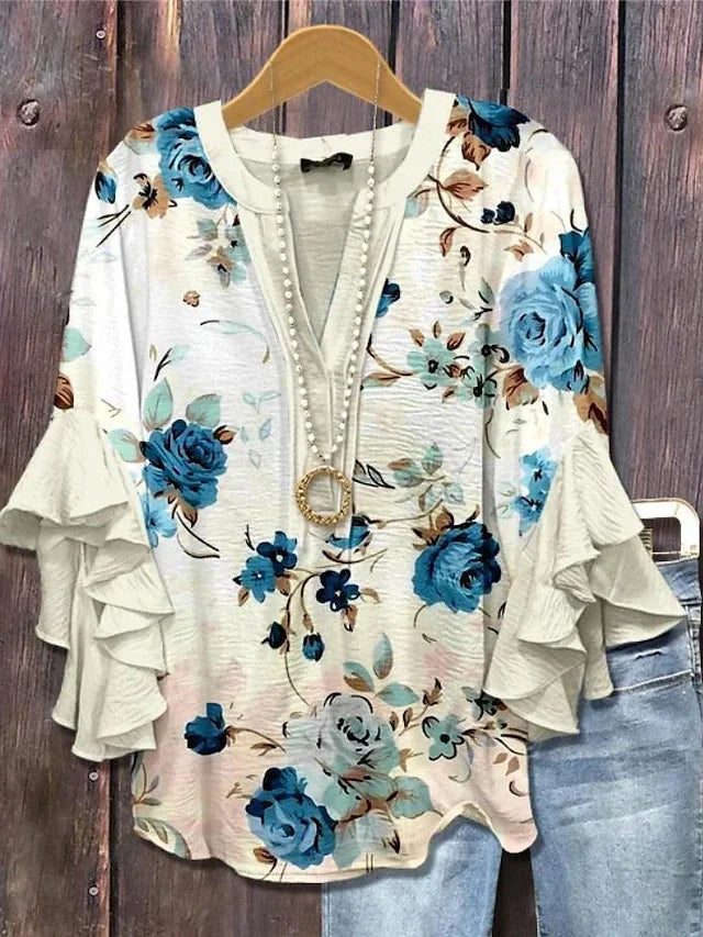 Women's Floral Print Ruffle Sleeve Blouse Casual Loose Fit Soft Comfortable Shirt Top for Daily Office Wear