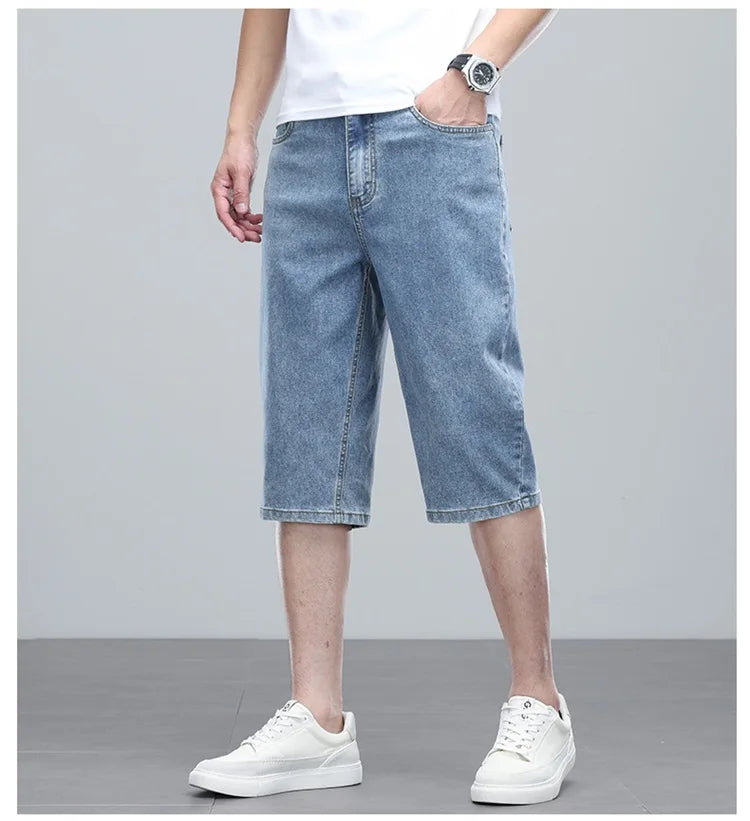 Summer men's six inch shorts over the knee thin straight tube minimalist elastic denim shorts Baggy Jeans Shorts for Men  3/4