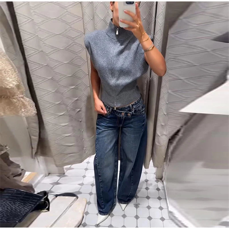Women's Double Zipper Knit Vest Stand Collar Shoulder Pad Sleeveless Slim Cropped Sweater 2026 Autumn All-match Casual Outfits