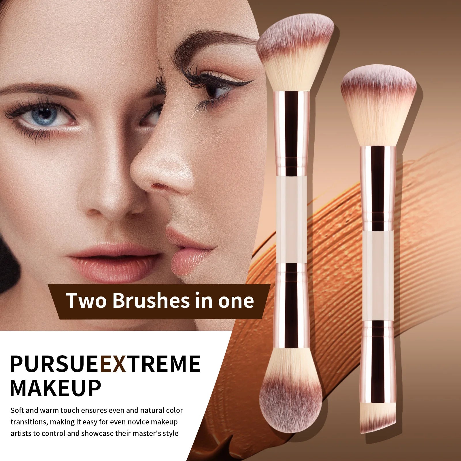 7 double-ended makeup brushes, loose powder brush, foundation brush, eyeshadow brush, eyebrow brush, soft hair beauty tool.