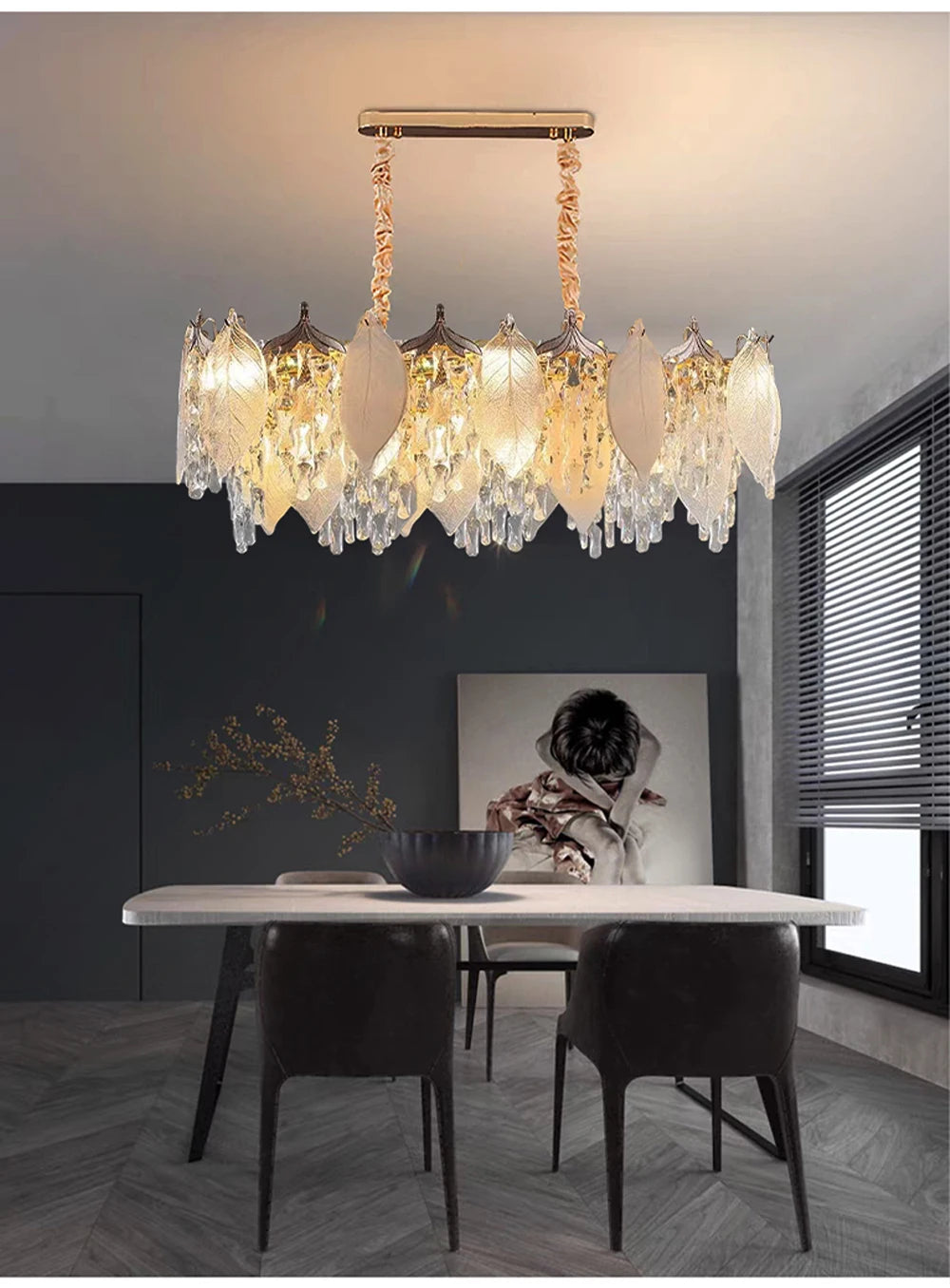 Luxury Porcelain Glass Leaves Chandelier Modern Crystal Hanging Lamps Home Decor Lighting Lustre Villa Living Room Pendant Light