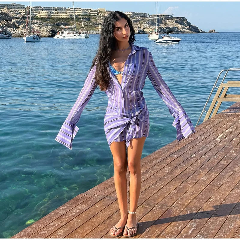 Stripe Wrap Tie Shirt Mini Dress Lapel Collar Long Flare Sleeve Loose Casual Dresses 2026 Summer Beach Vacation Fashion Outfit