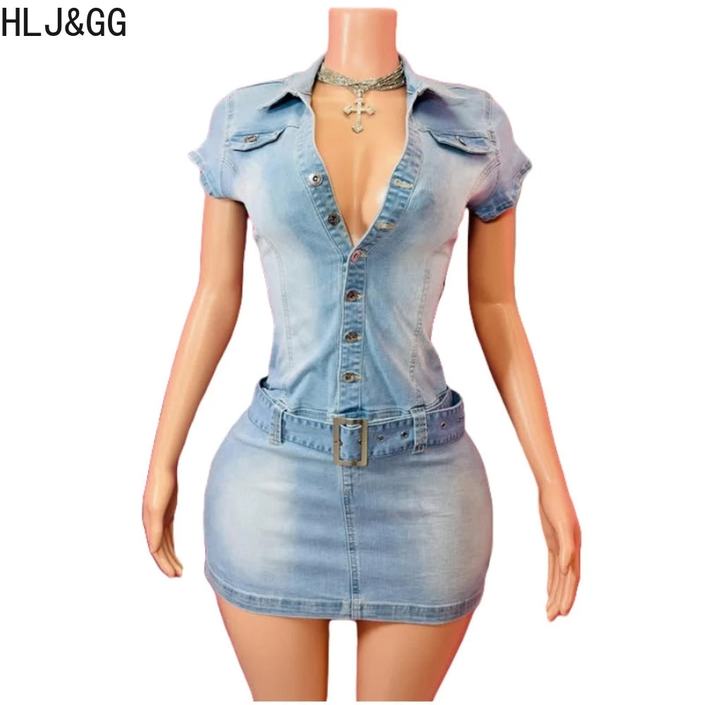 HLJ&GG Blue Denim Fashion Hollow Out Shorts Two Piece Sets Women Sleeveless Backless Bandage  Crop Top And Shorts Cowboy Outfits