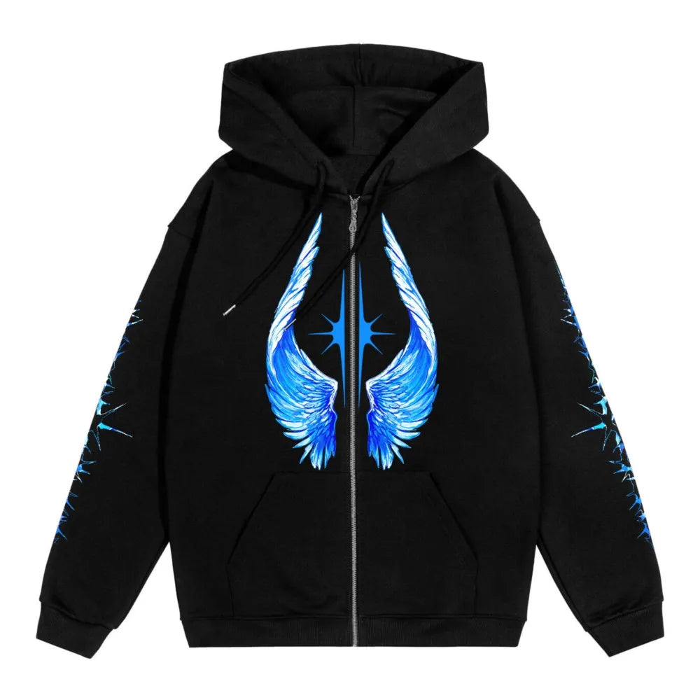 Streetwear Men Zipper Hoodie Bright Side Graphic Print Zip Hooded Pullover Sweatshirt Hip Hop Jacket Y2K Coat Clothing Goth Tops
