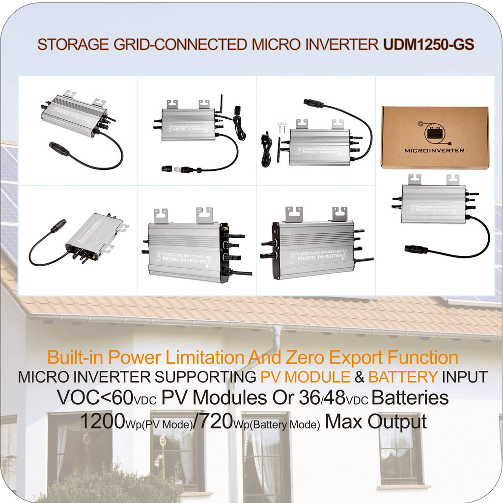 1200W/1000W/750W GS Hybrid Micro Inverter for Solar Pane & 36V/48V Battery Grid-Tie with Zero Export 180-265V AC | WiFi, IP65