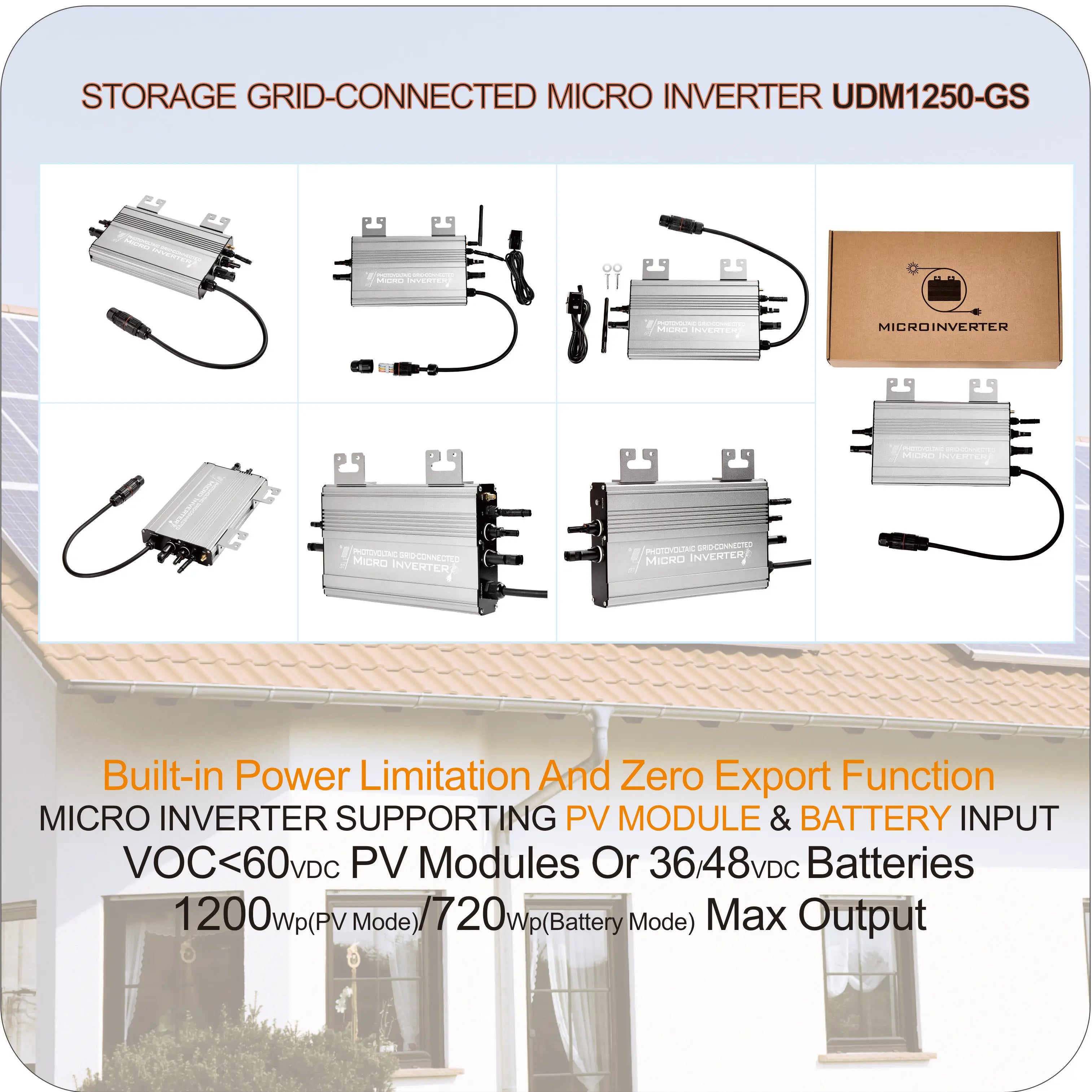 1200W/1000W/750W GS Hybrid Micro Inverter for Solar Pane & 36V/48V Battery Grid-Tie with Zero Export 180-265V AC | WiFi, IP65