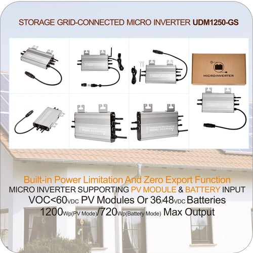 1200W/1000W/750W GS Hybrid Micro Inverter for Solar Pane & 36V/48V Battery Grid-Tie with Zero Export 180-265V AC | WiFi, IP65