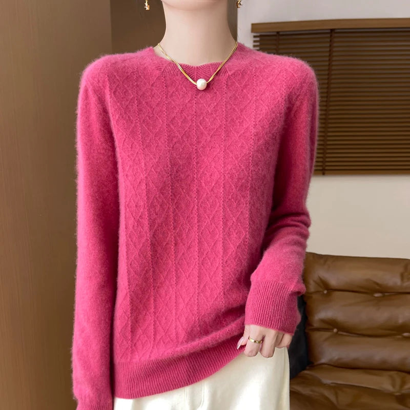 Fall/Winter 2024 New Women's Sweater 100% Pure Wool Lotus Collar Solid Color Loose Knitted Cashmere Pullover