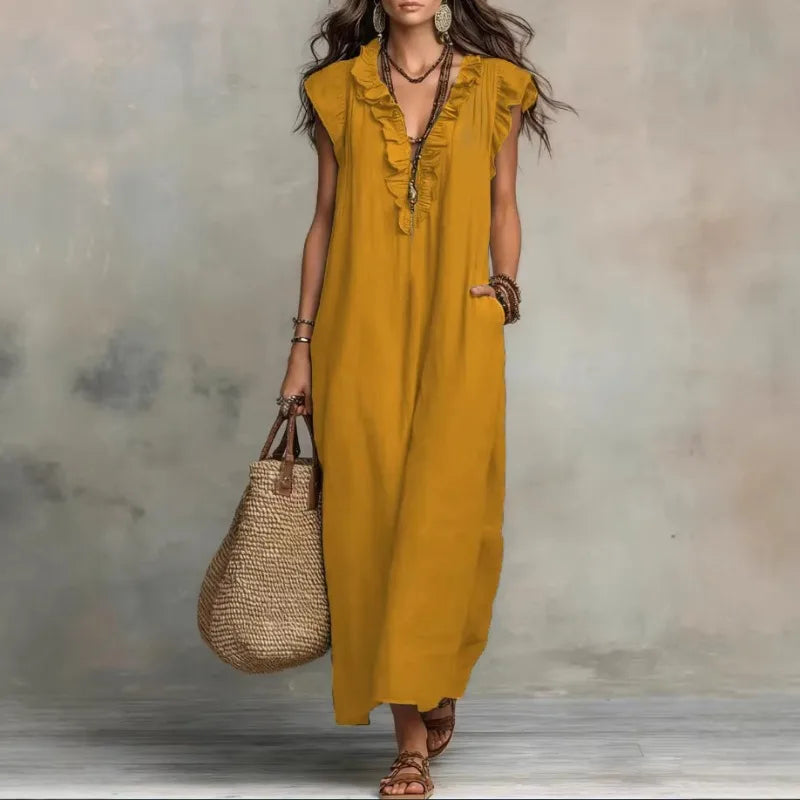 Women Spring Summer Boho Flutter Sleeve Floor Length Maxi Dress Elegant Beach Long Dress