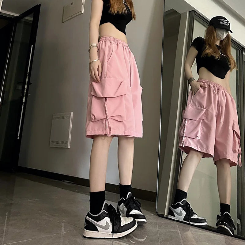 Women Casual Cargo Shorts High Waisted Loose Wide Leg Shorts Large Pockets Fashion Street Hip-hop Breathable Thin Summer Shorts