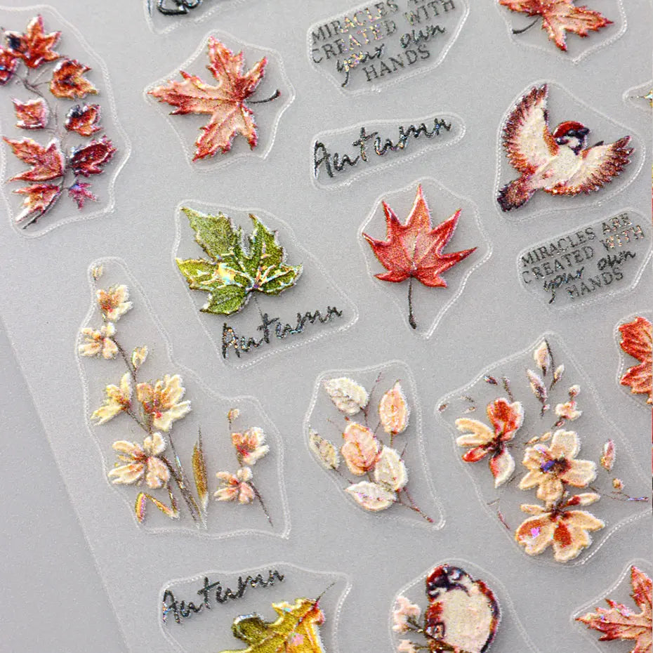 2/4pcs 5D Laser Autumn Bird Decals Fall Embossed Maple Leaves Squirrel Nail Sticker Fruits Flower Engraved Charm Manicure Decor