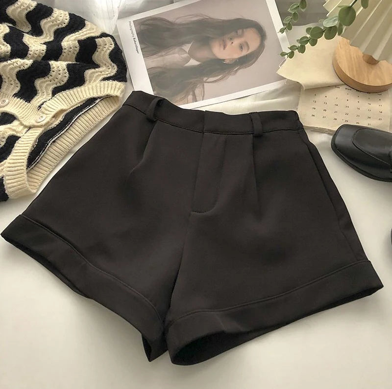 Elegant Suit Shorts Women Solid High Waist Wide Leg Shorts Office Lady Korean Fashion Black White Simple All Match Short Pants