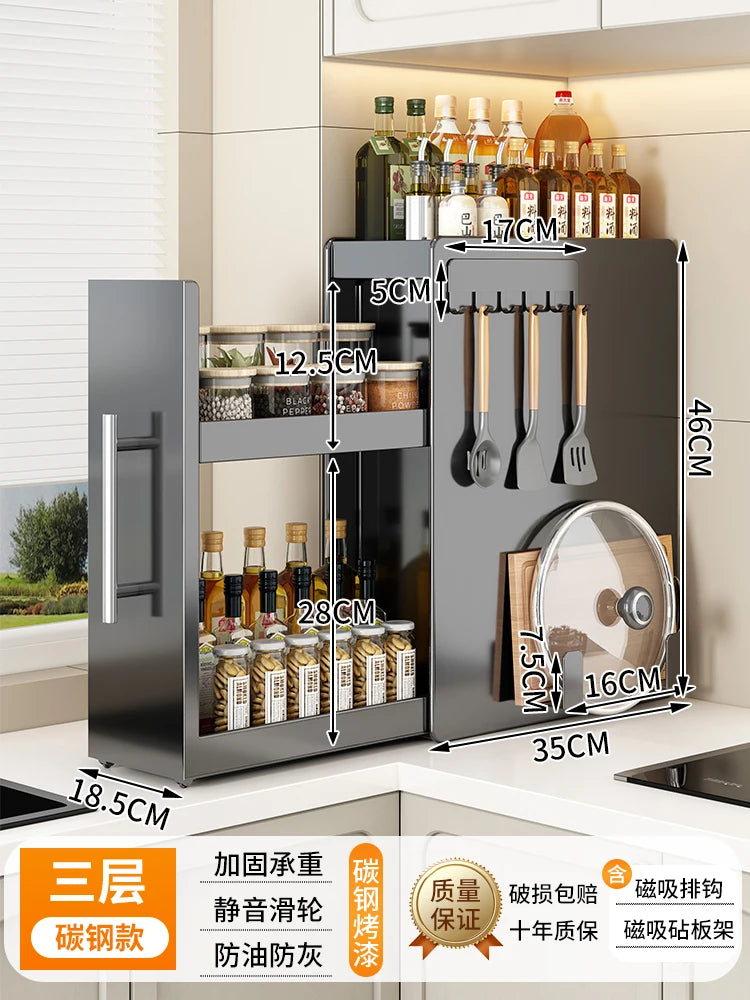 Narrow Kitchen Countertop Pull-Out Spice Rack Organizer Space Saving Shelf with 16 Magnetic Accessories Included