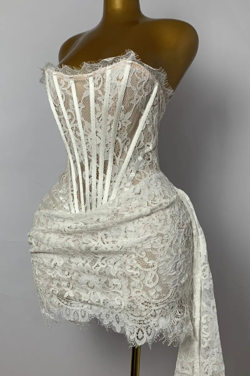 Women's Sexy Lace Dress Solid Color Sheer Patchwork High Waist Lace Dress Elegant Printed Strapless Slim Evening Dress