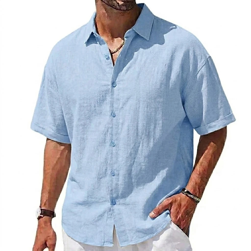 Korean Men's Short Sleeve Shirts Casual Cotton Linen T Shirts Man Lapel Shirts Male Breathable Hawaiian Shirt Man Summer T-shirt