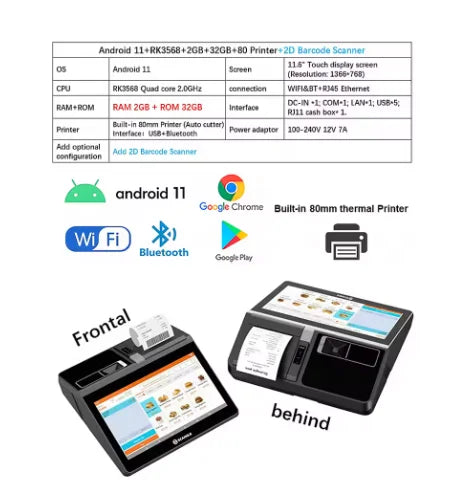 11.6inch Desktop /Wall-mounted Windows & Android Cash Register POS Systems with 80mm Autocutter Thermal Receipt & Label Printer